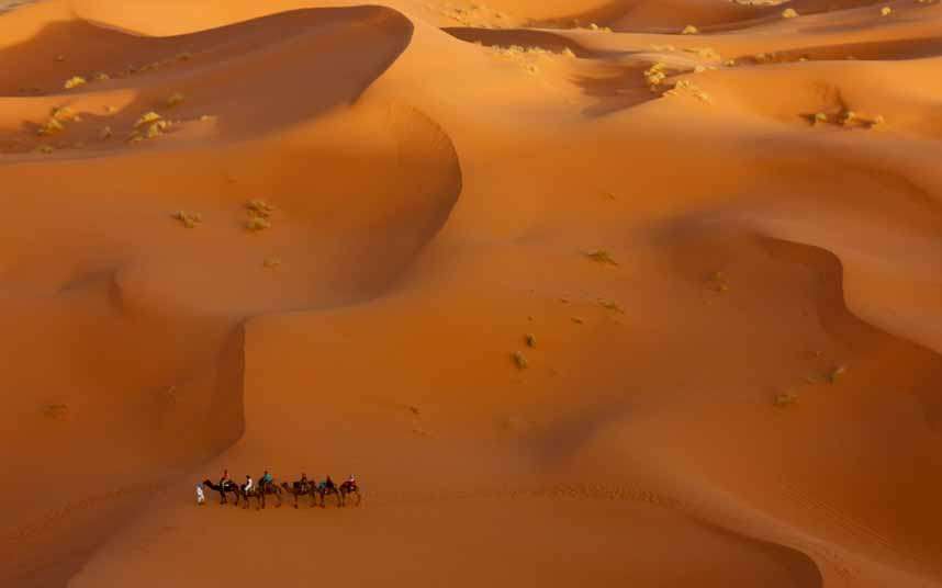 摩洛哥厄尔切比沙丘(Erg Chebbi)，沙漠中的骆驼骑兵。