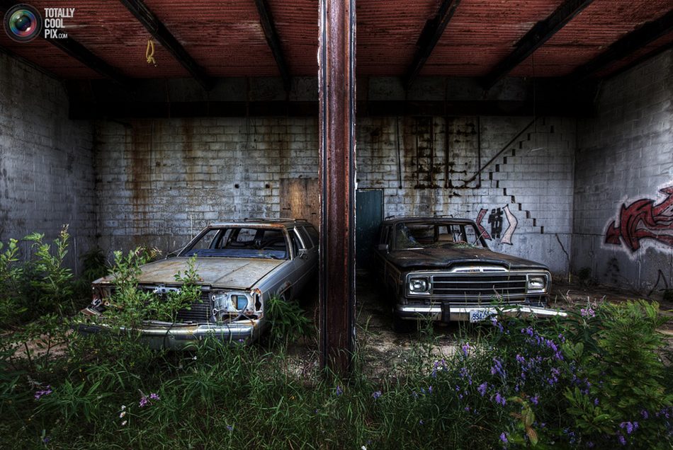 安大略省北部一个偏远的公路上，有两辆旧汽车藏在一个废弃的工厂后。
