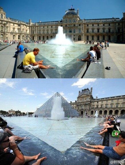 外国人在卢浮宫前水池泡脚（资料图）