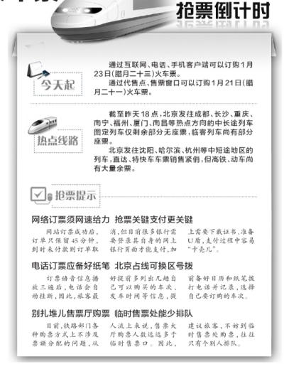 京华时报讯(记者韩旭)随着春节的临近，抢票大战大幕拉开。根据铁路部门现行车票预售期推算，今天起，旅客可通过网络和电话抢购腊月二十三小年(阳历1月23日)的火车票了。