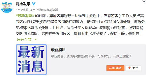 厦门海沧野生动物园跑离猛兽区老虎已被发现,麻醉师准备射击