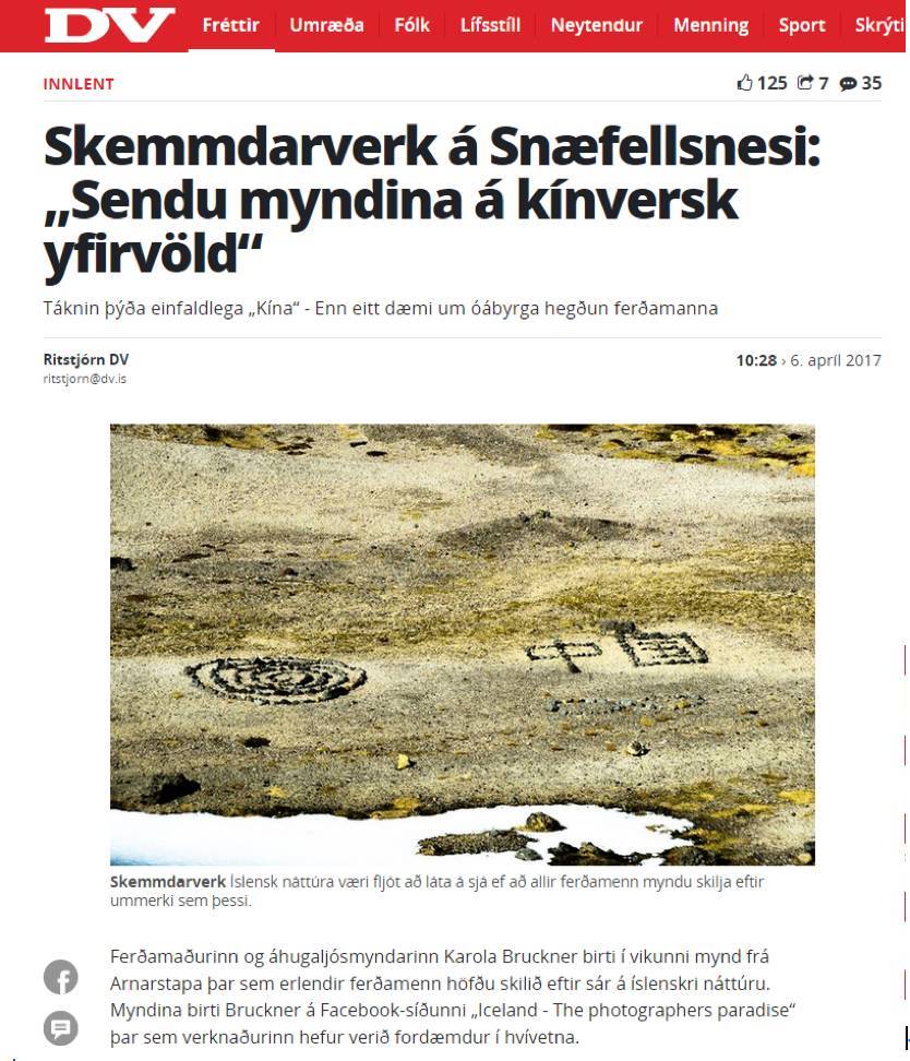 近日，冰岛媒体《DV》以“为了拍出中国，故意破坏斯奈山半岛”为题报道，疑有中国游客到冰岛斯奈山半岛游玩时，在岛上用石头排成“中国”两字，引来当地民众以及外国游客不满。