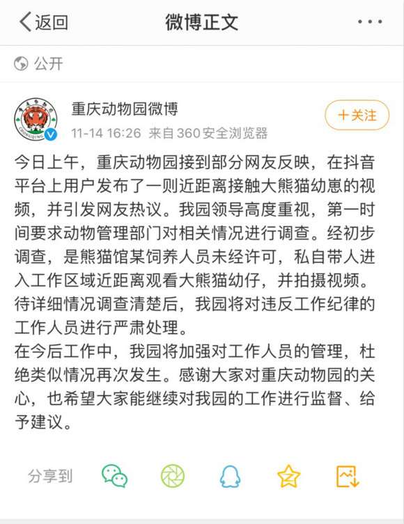 重庆市动物园针对此事作出回应。图片来源网络，华龙网发