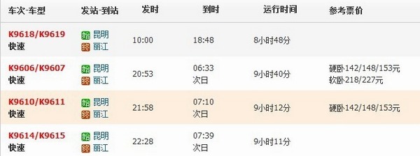 昆明到丽江火车时刻表