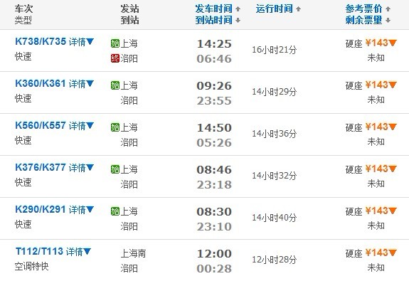 上海—洛阳火车时刻表