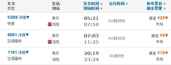 焦作—洛阳火车时刻表